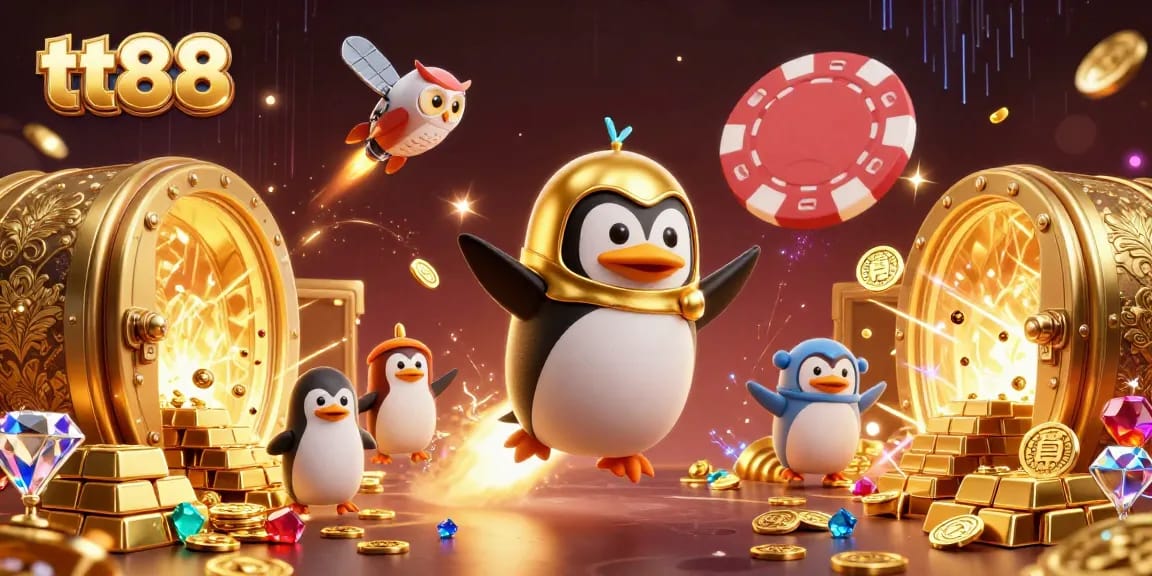 Experience the thrilling universe of tt88, with a golden penguin soaring towards a poker chip casino.