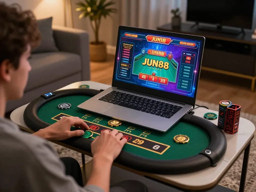 Enjoying engaging online casino gameplay on JUN88 in a cozy, modern home setup