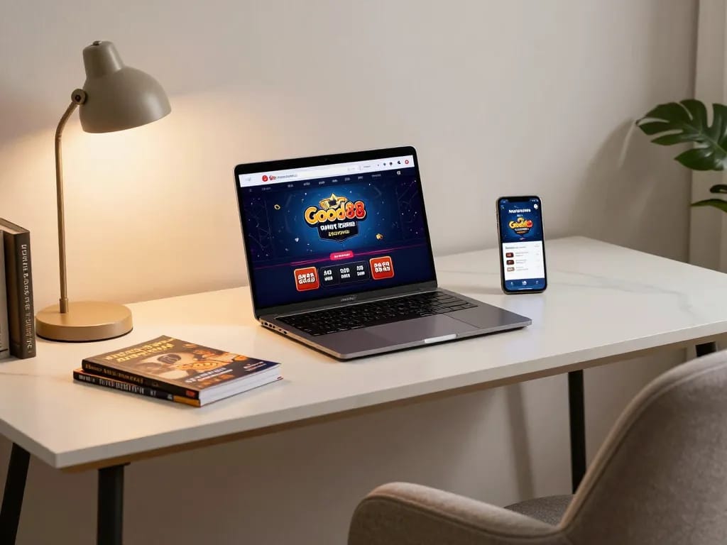 Engaging with online casino gaming at Good88 with a cozy home setup, showcasing a laptop and strategy notes.