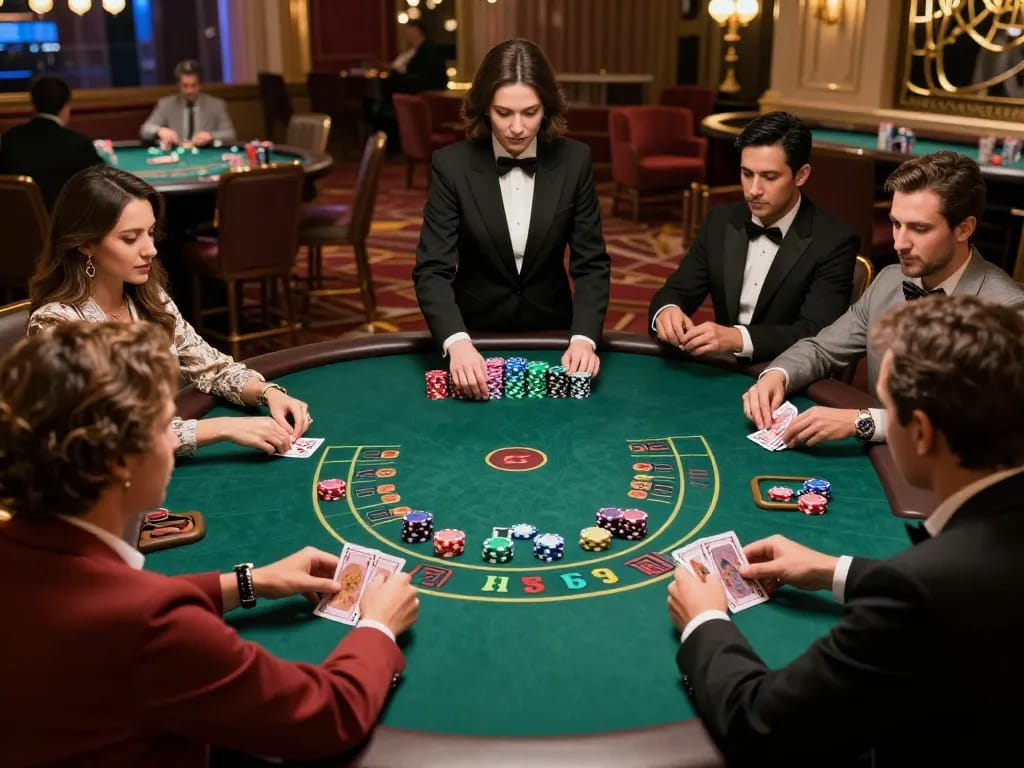 Engaged players strategizing during a high-stakes blackjack game at a casino, hm88 on the table
