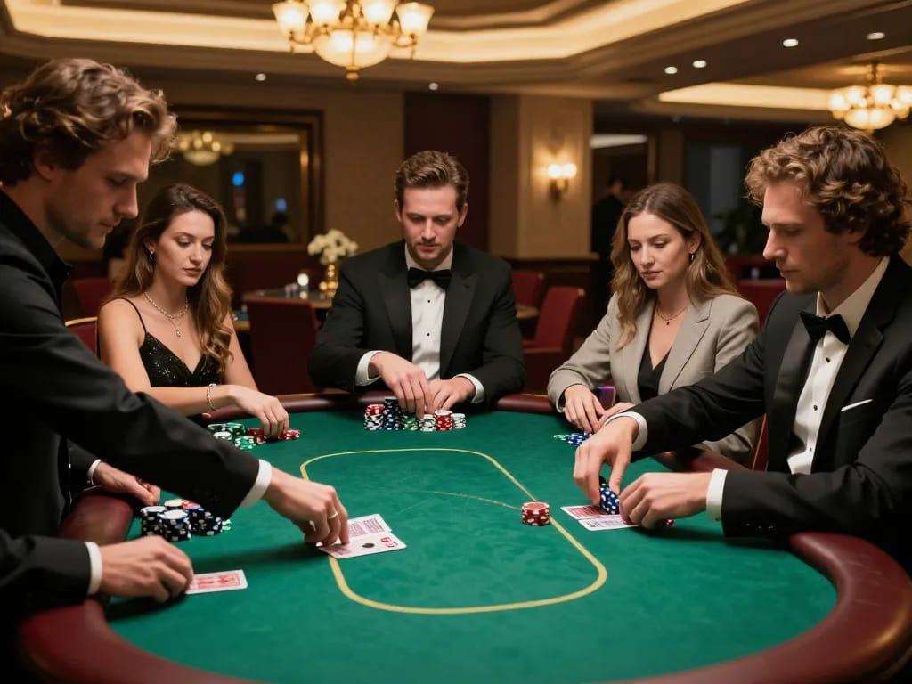 Winning at 7m poker table in upscale casino, players strategizing with high-value chips.