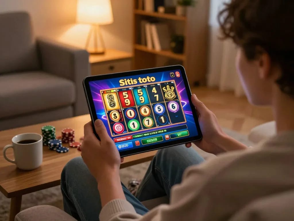 Pemain menikmati permainan slot situs toto di tablet di rumah, gulungan berwarna-warni dan suasana santai.