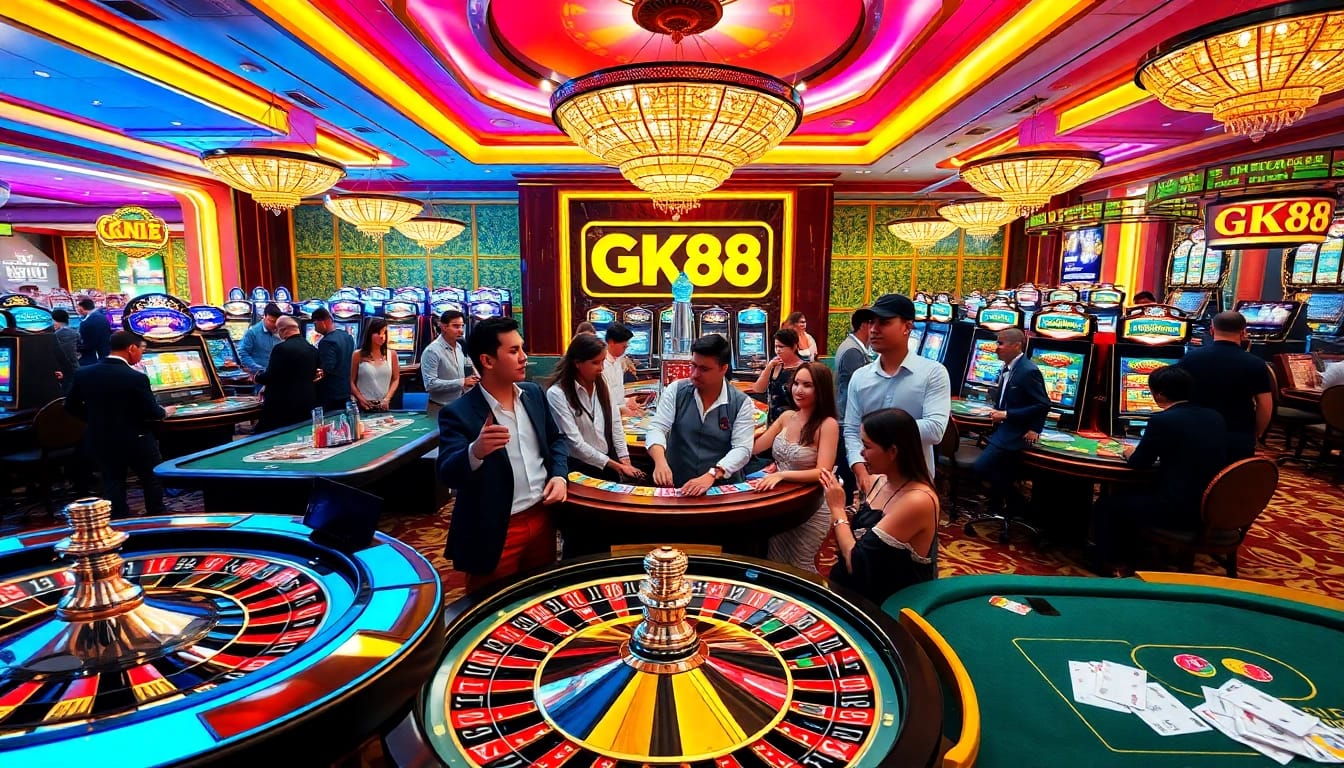 Experience the thrill of GK88 with vibrant gaming action at luxurious casino tables and slots.