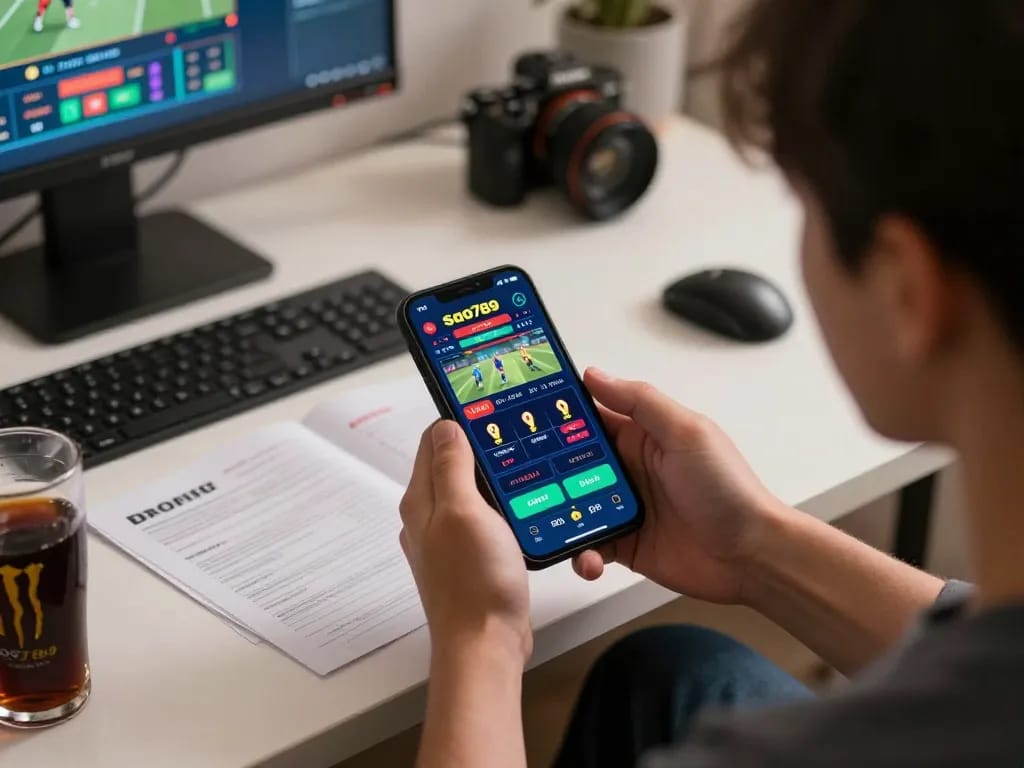 Sao789 user actively engaging in betting via mobile app in a modern home setup.