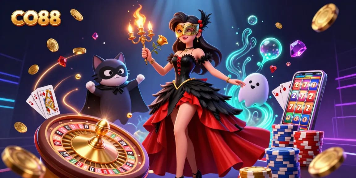 Engage with CO88's dazzling gaming environment featuring a semi-realistic woman, dynamic gambling elements, and rich visuals.