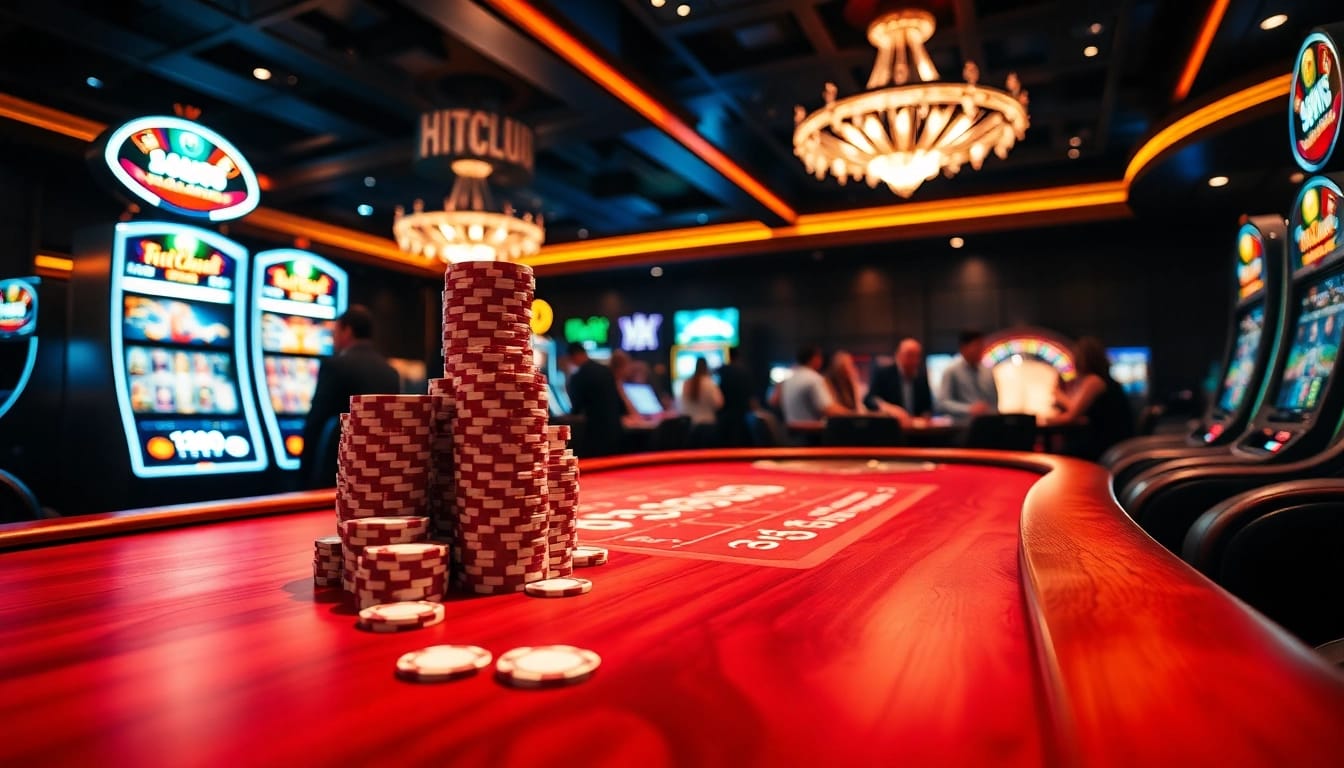 Hitclub players enjoying an exciting poker game at a vibrant casino table with colorful chips.