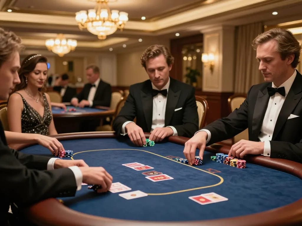 Engaging poker game at HELLO88's upscale venue, showcasing players and rich table decor