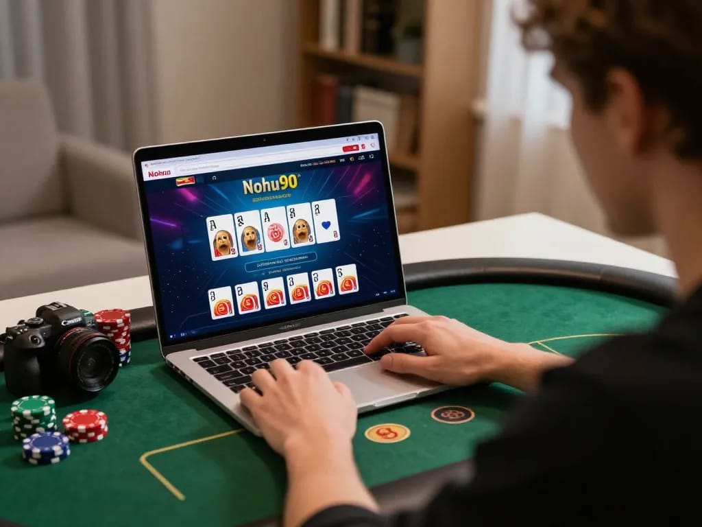 Nohu90 player engaged in online poker game at home, showcasing strategy and bankroll management.