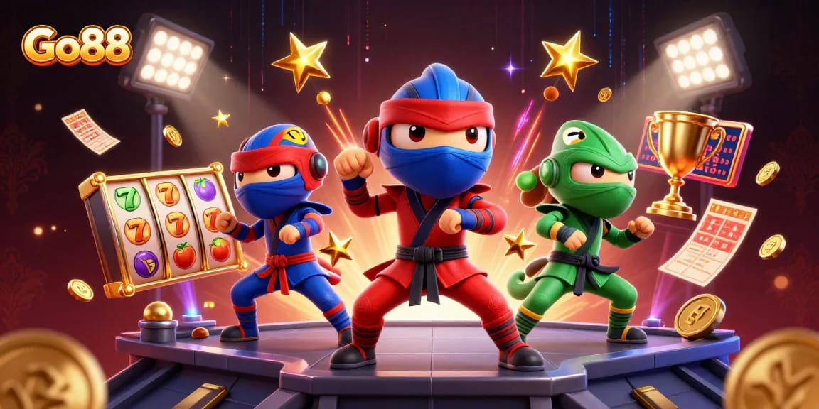 Experience thrilling gaming action with Go88's vibrant slot games and ninja chameleon characters.
