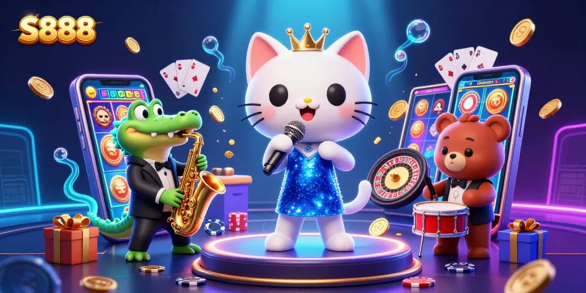 S888 casino features a vibrant 3D scene with characters celebrating wins, surrounded by slot games and glowing elements.