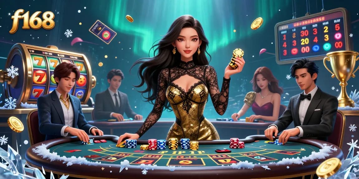 Experience the excitement of f168 at a VIP baccarat table, surrounded by vibrant casino elements.