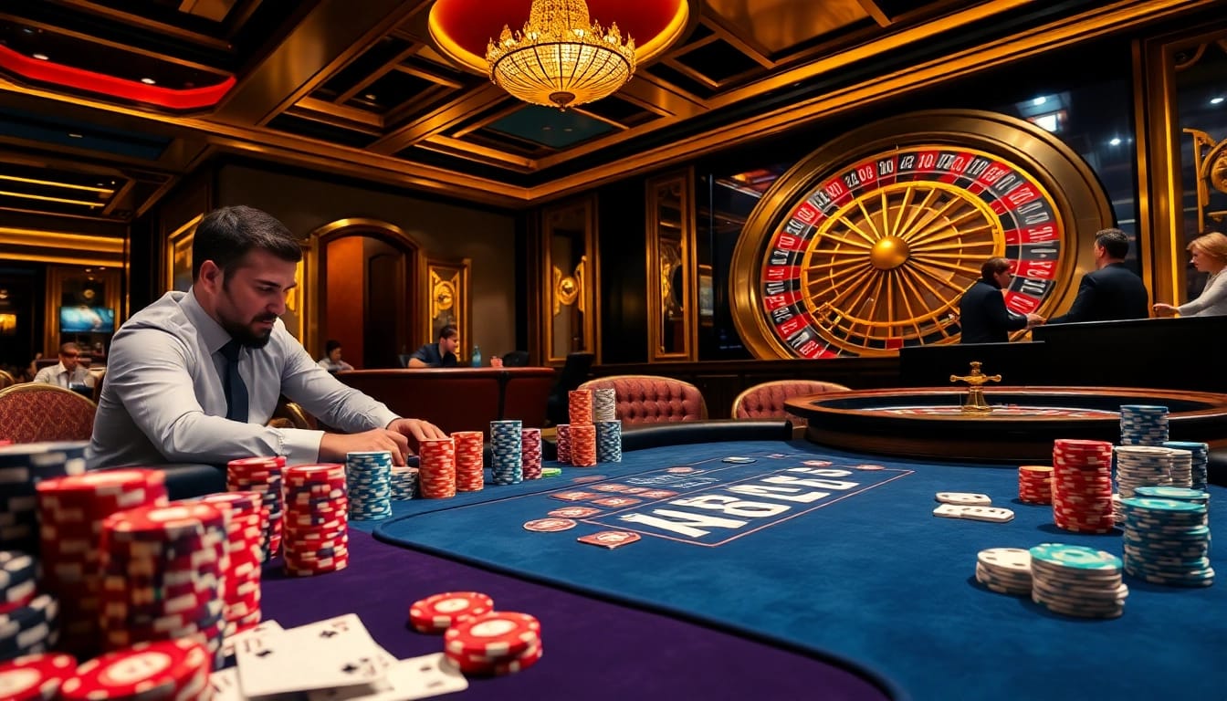 Engaged players at a vibrant poker table in a luxurious casino featuring elements of XX88.