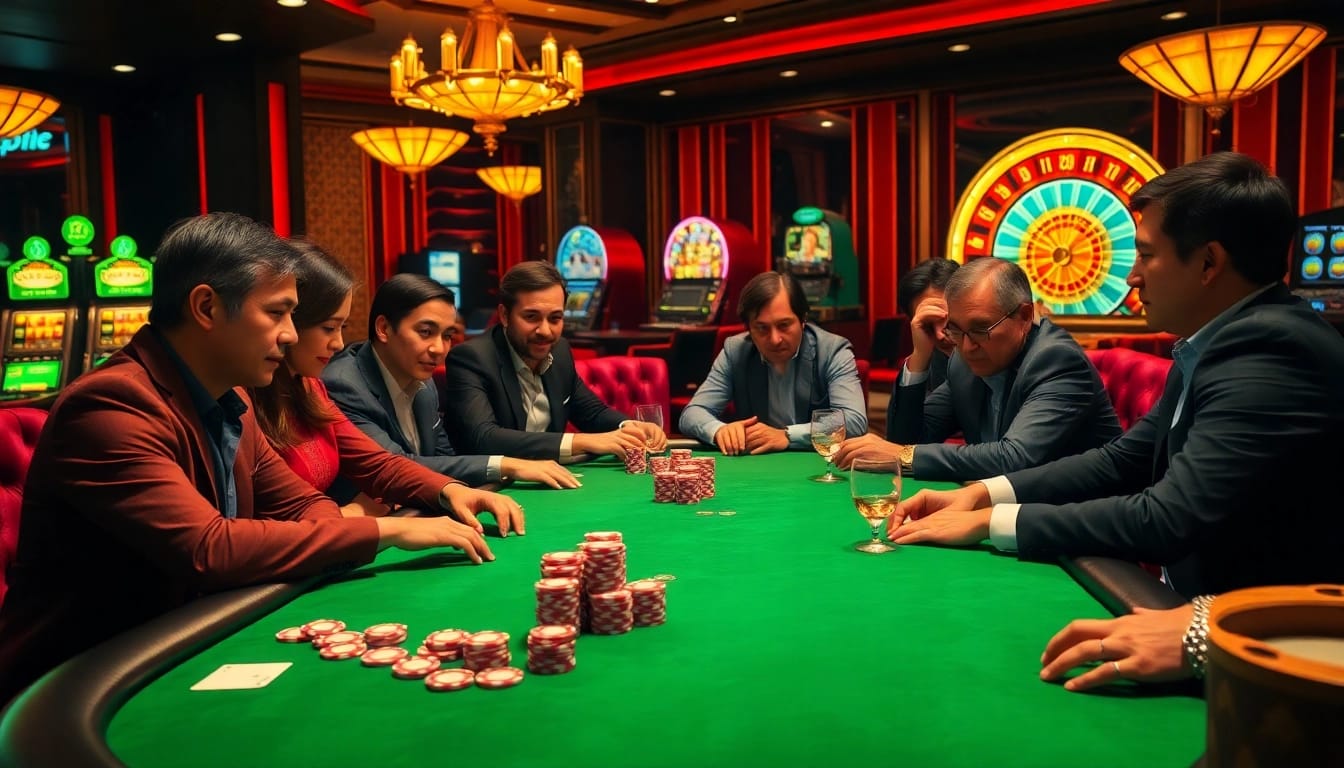 Experience the thrill of LC88 as players strategize at an elegant poker table in a luxurious casino.