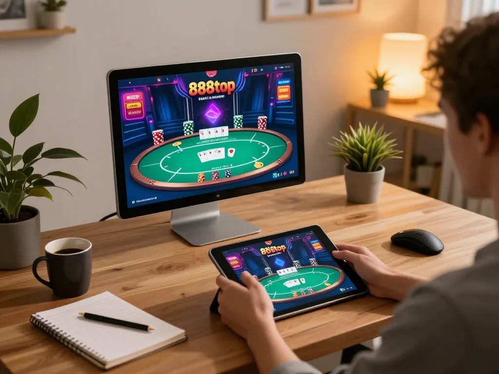 Engaging online gaming experience on 888top app with tablet and vibrant poker graphics