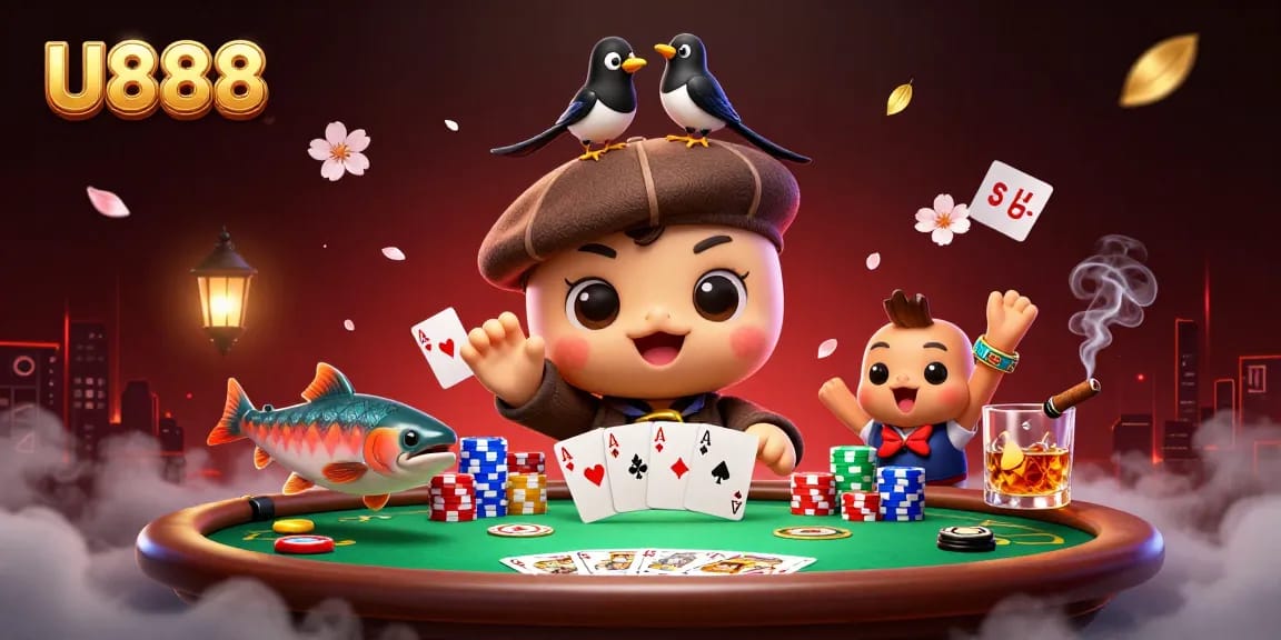 Join U888 for a thrilling poker adventure with Nessie and friends amid vibrant casino elements.