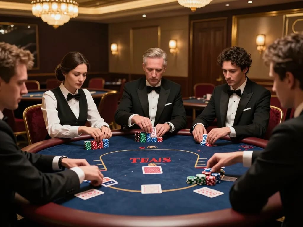 Players enjoying an intense Texas Hold'em game at FC88 casino table with colorful chips.