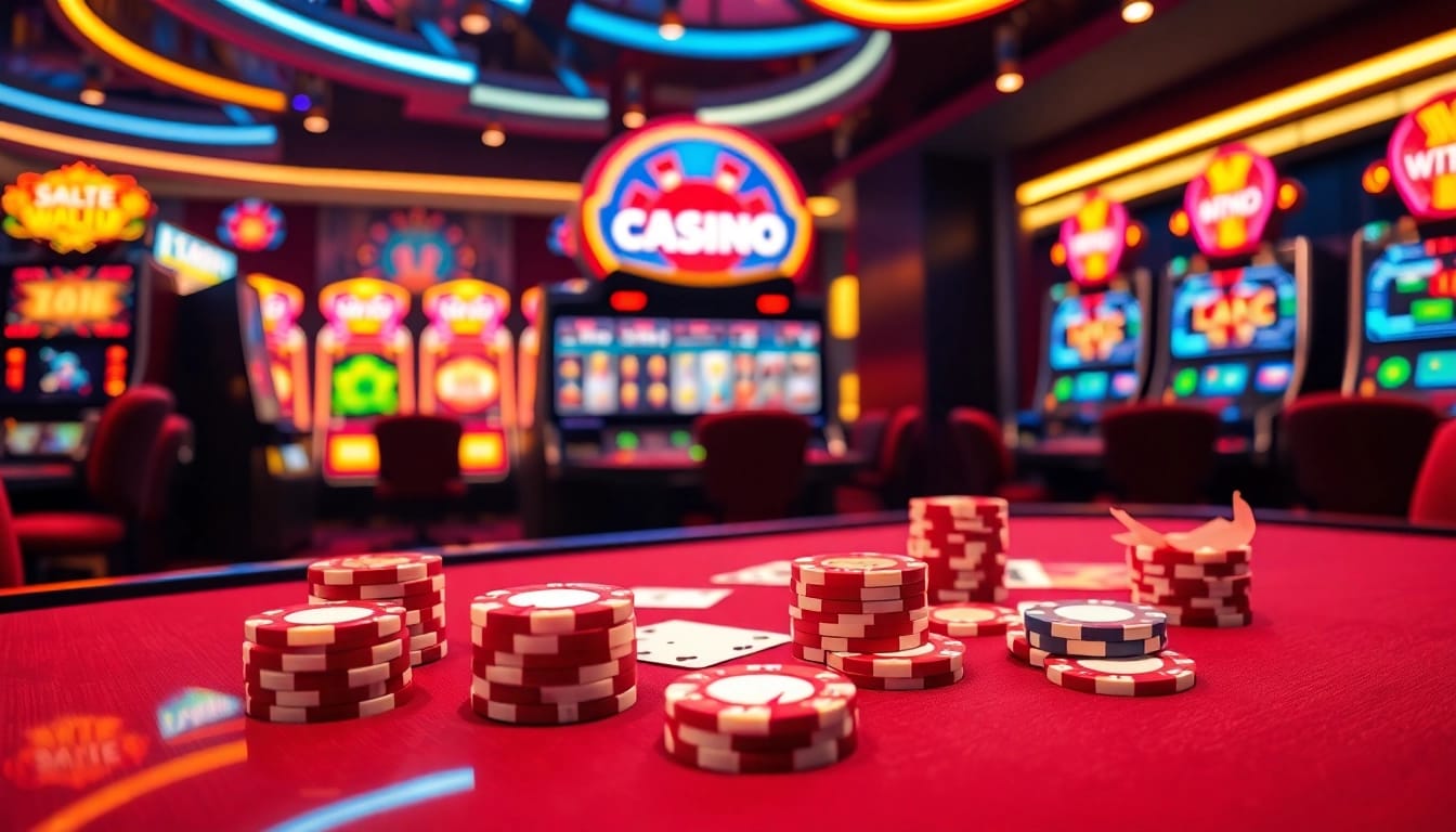 Experience excitement at MMOO's high-stakes gambling table featuring vibrant poker chips and slot machines.