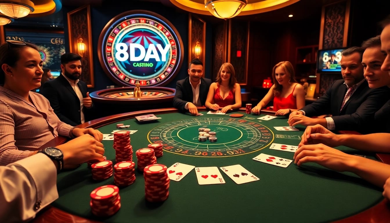 Experience the excitement of gambling at the 8DAY casino with vibrant tables and eager players.