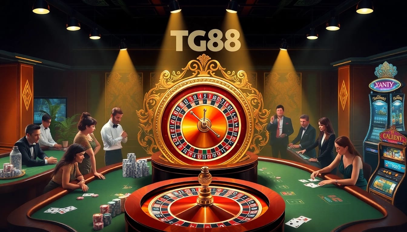 Gamblers at a luxurious TG88 casino enjoying high-stakes action at roulette and poker tables.