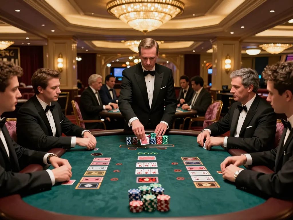 MB66 players strategizing at a high-stakes blackjack table in a luxurious casino.