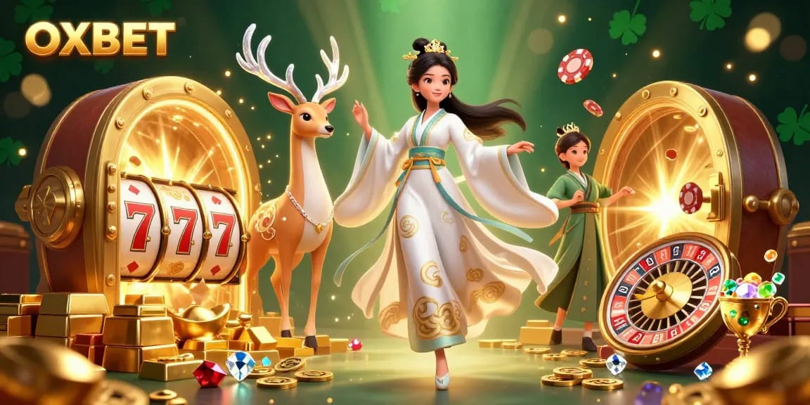 Engage with OXBET's thrilling casino atmosphere featuring majestic characters and sparkling treasures.