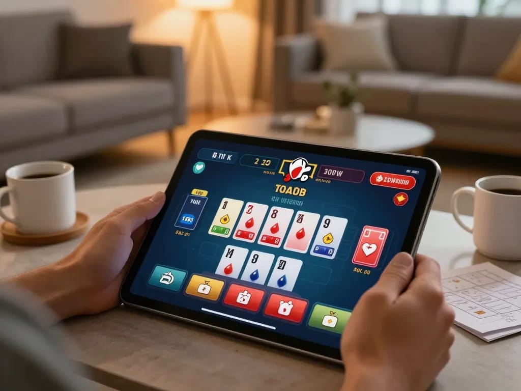 Player strategizing on lc88 during an intense baccarat game with tablet in a cozy setting