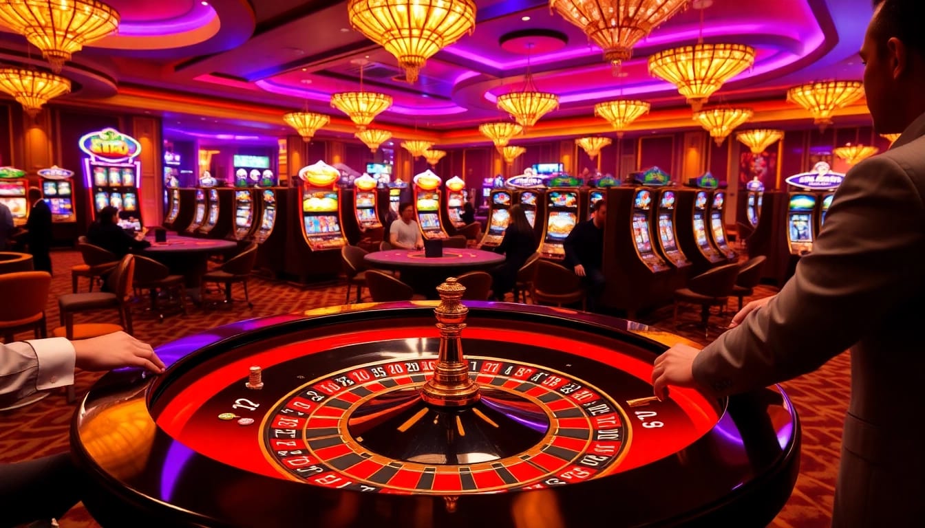 A vibrant casino scene with players at roulette and slot machines, highlighting ee88's engaging gambling environment.
