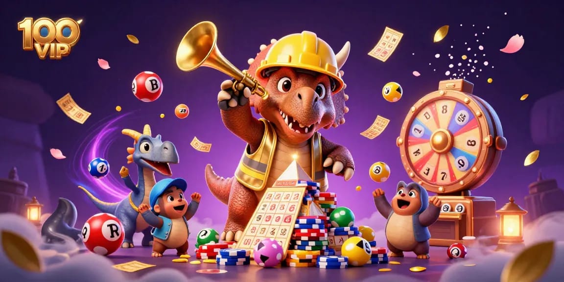 Experience the vibrant world of 100VIP with a dynamic 3D casino illustration celebrating gaming triumphs.