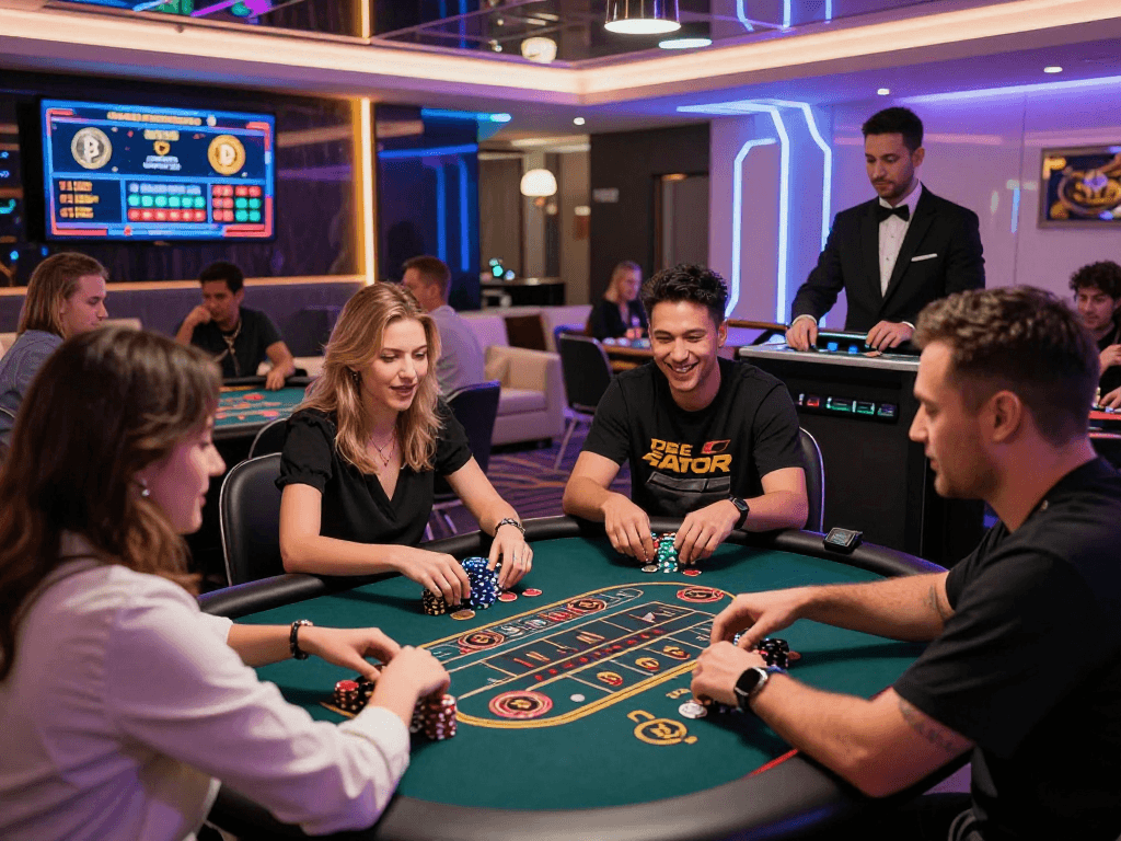 Players enjoying the high-energy atmosphere of a crypto casino, featuring modern gaming tables and digital displays.