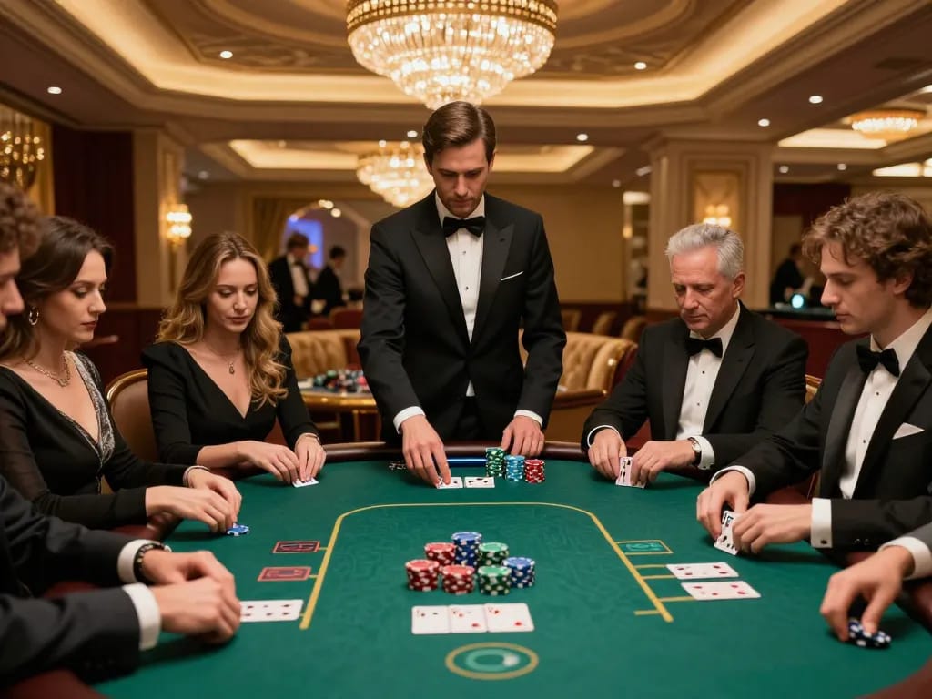 Players engaging in a high-stakes poker game at a luxurious casino, showcasing the thrill of mb66 gameplay.