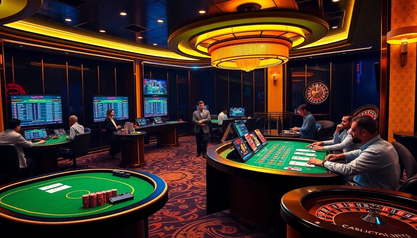 Cá cược thể thao King88 in a vibrant, luxurious casino betting scene with excited gamblers and digital odds displays.