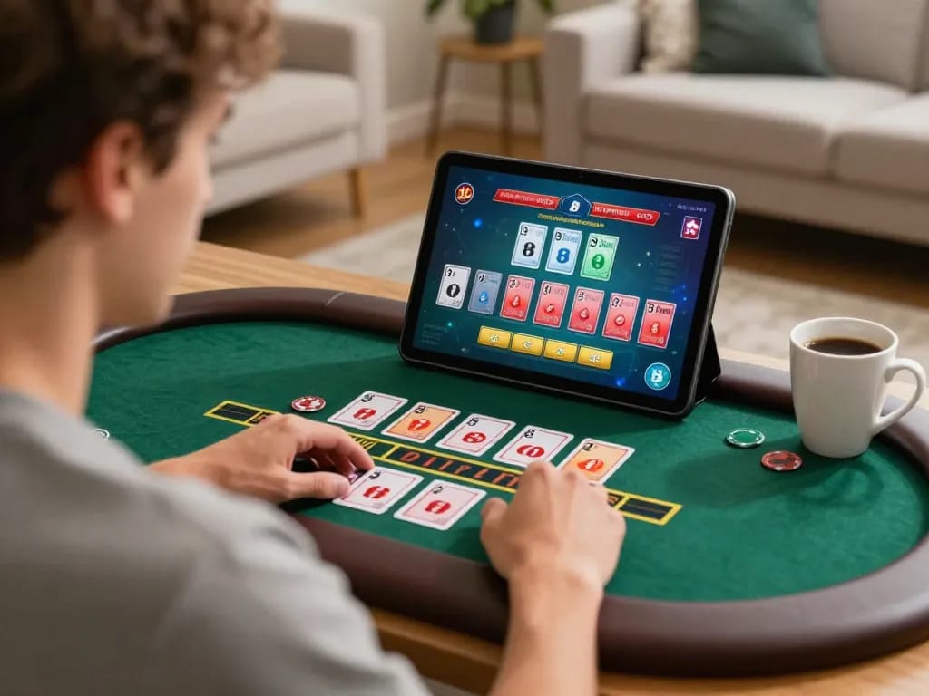 Play blackjack with u888 on a tablet at home, showcasing strategic gameplay and cozy setting.