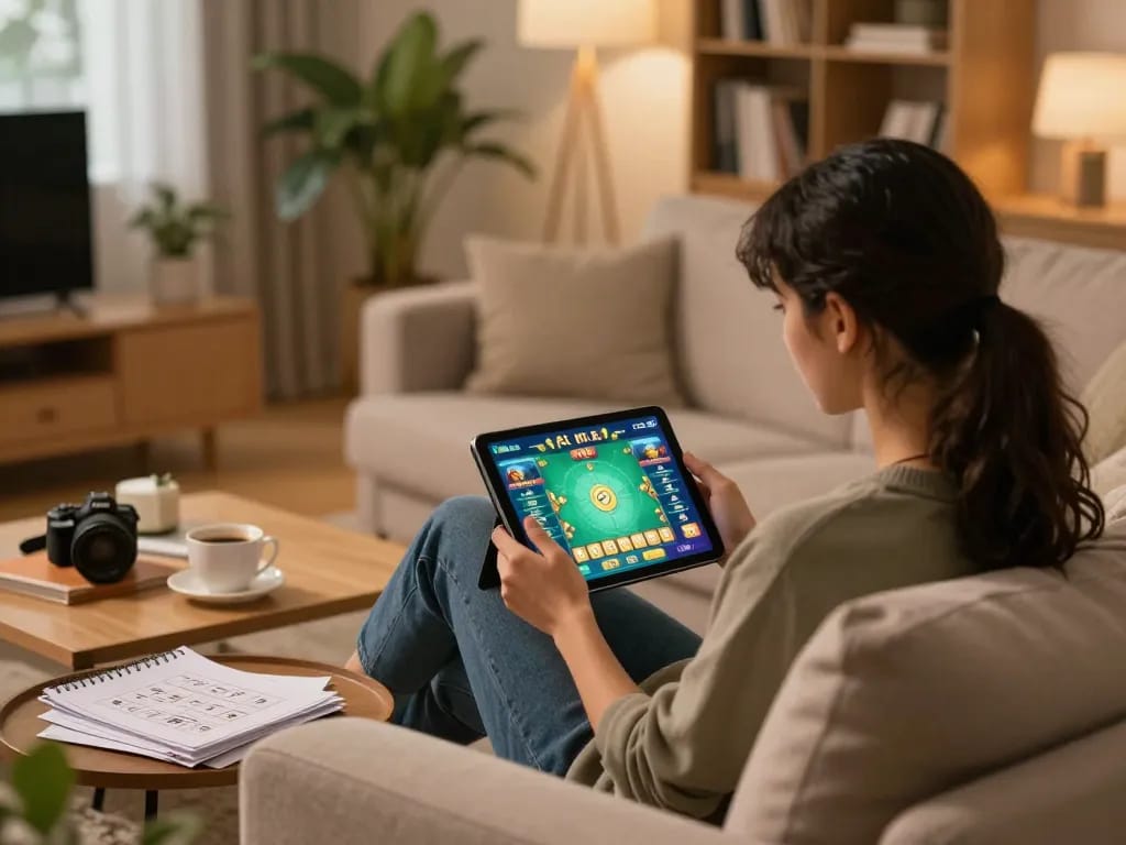Engaging in app tài xỉu online game on tablet at cozy home setup with strategy notes nearby.