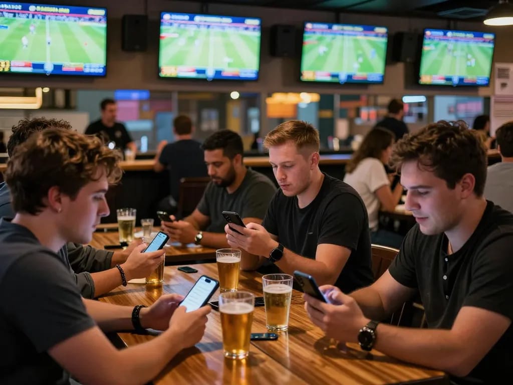 Sports bettors engaging with live betting apps while watching kèo nhà cái at a sports bar