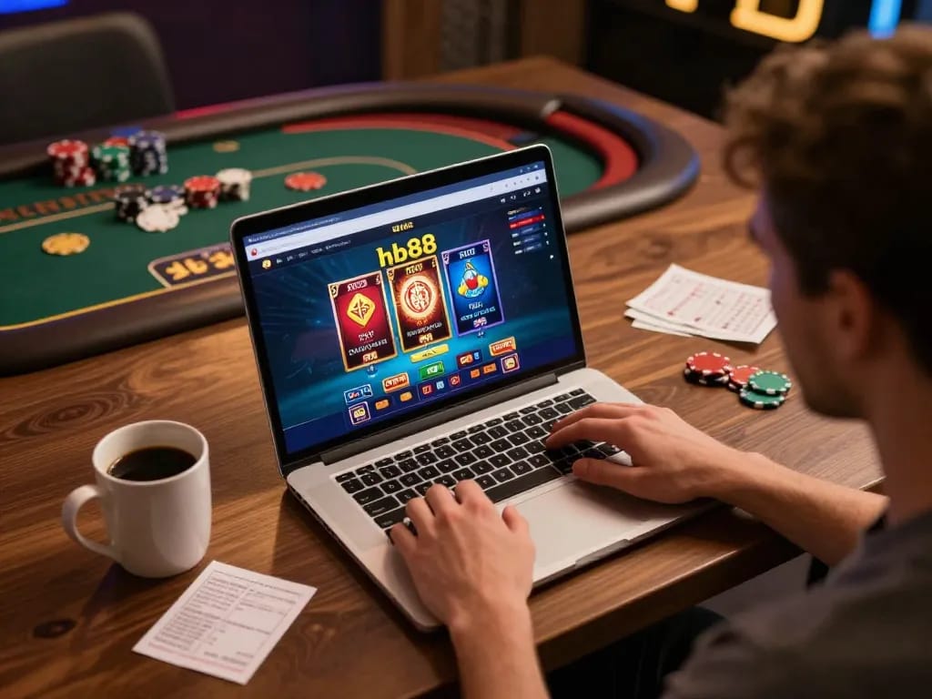 Engaging with hb88 online casino on a laptop, showcasing poker games and cozy atmosphere.