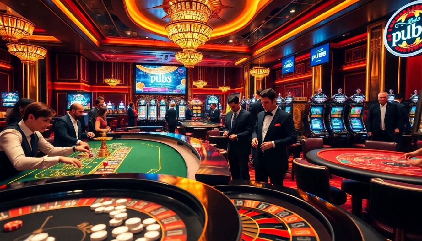 Excitement of gambling at PUB88 with players enjoying different casino games in a luxurious setting.