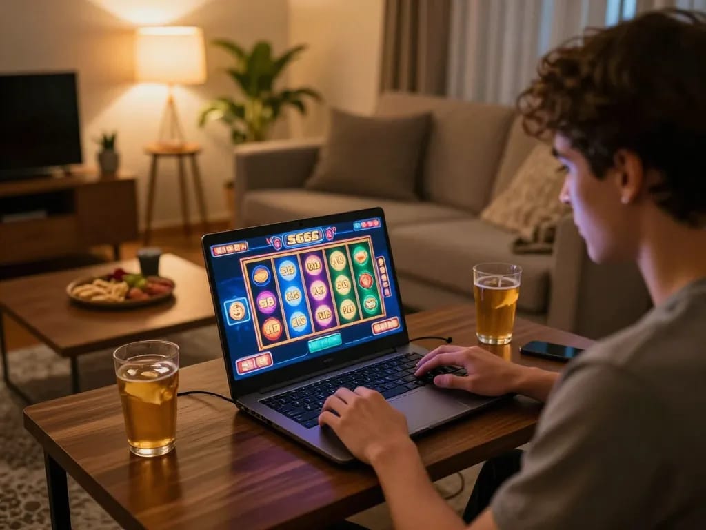 S666 user enjoying thrilling online slot gaming experience in a cozy home setup.
