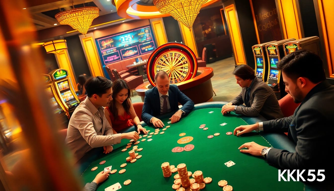 Players enjoy the thrill of gambling at KK55's luxurious casino with dynamic gaming tables and slot machines.