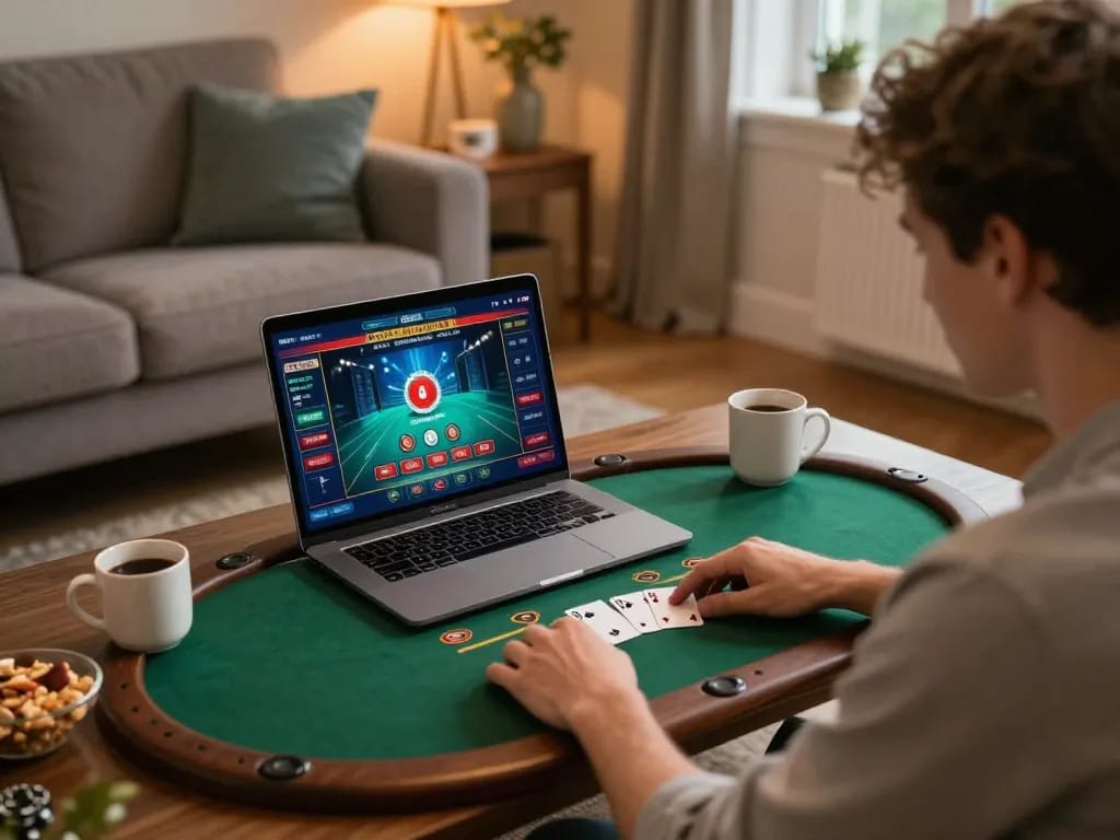 Engaging in online blackjack with HITCLUB in a cozy home setup, showcasing strategic gaming.