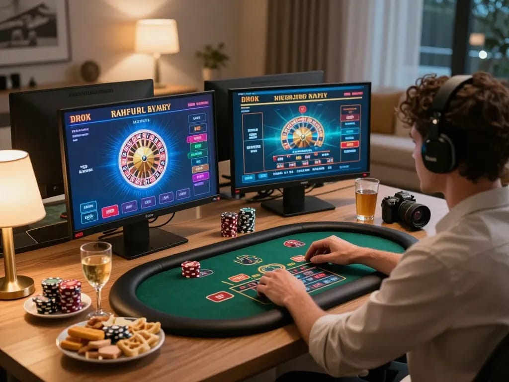 Player engaging with online games at home, showcasing 33win's strategic features and excitement.