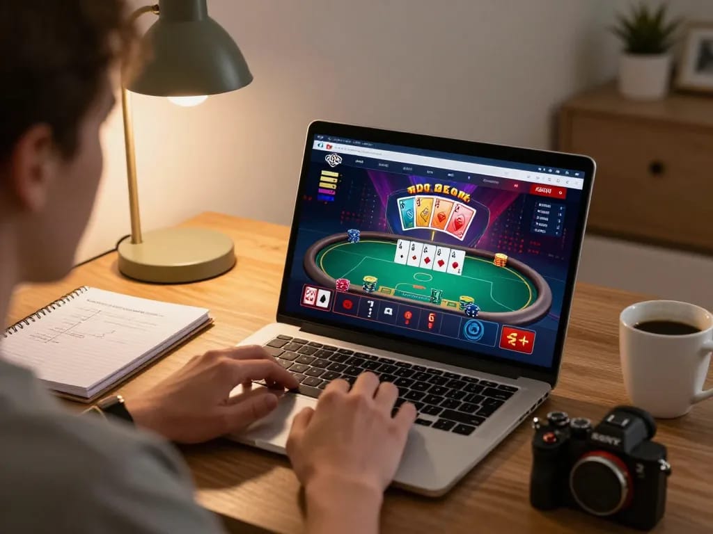Engaged player enjoys a thrilling online poker game at BL555 with vibrant graphics and cozy home ambiance.