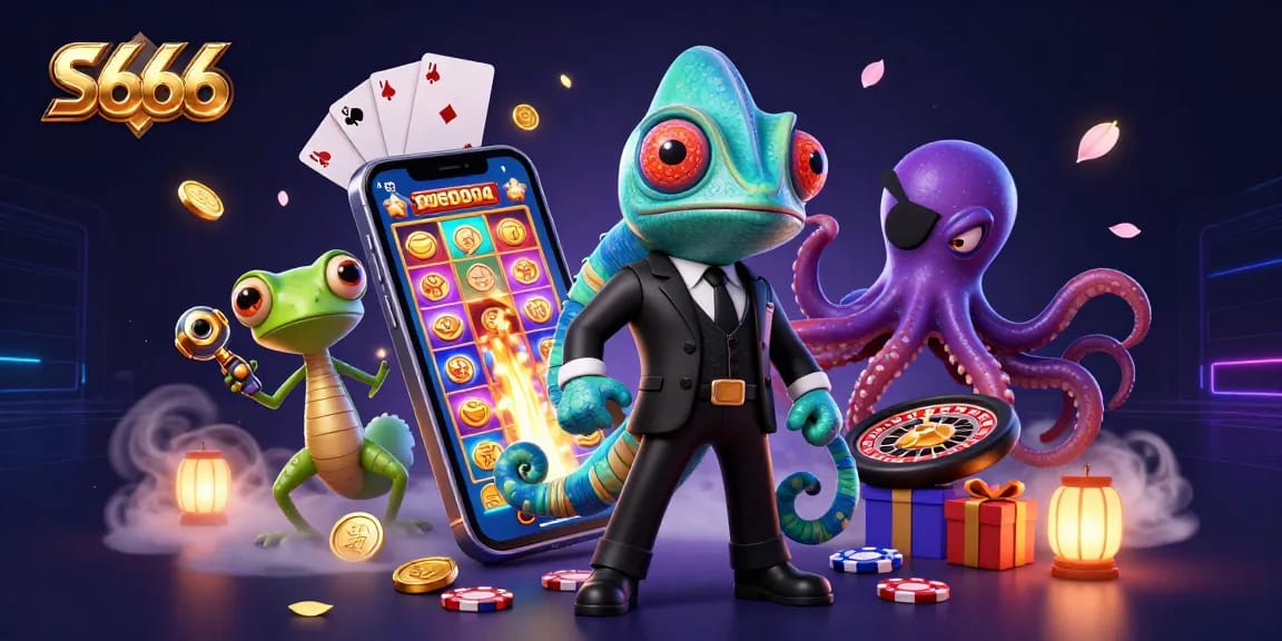 S666 engages players with a vibrant scene of cartoon characters amidst gambling elements, showcasing excitement.