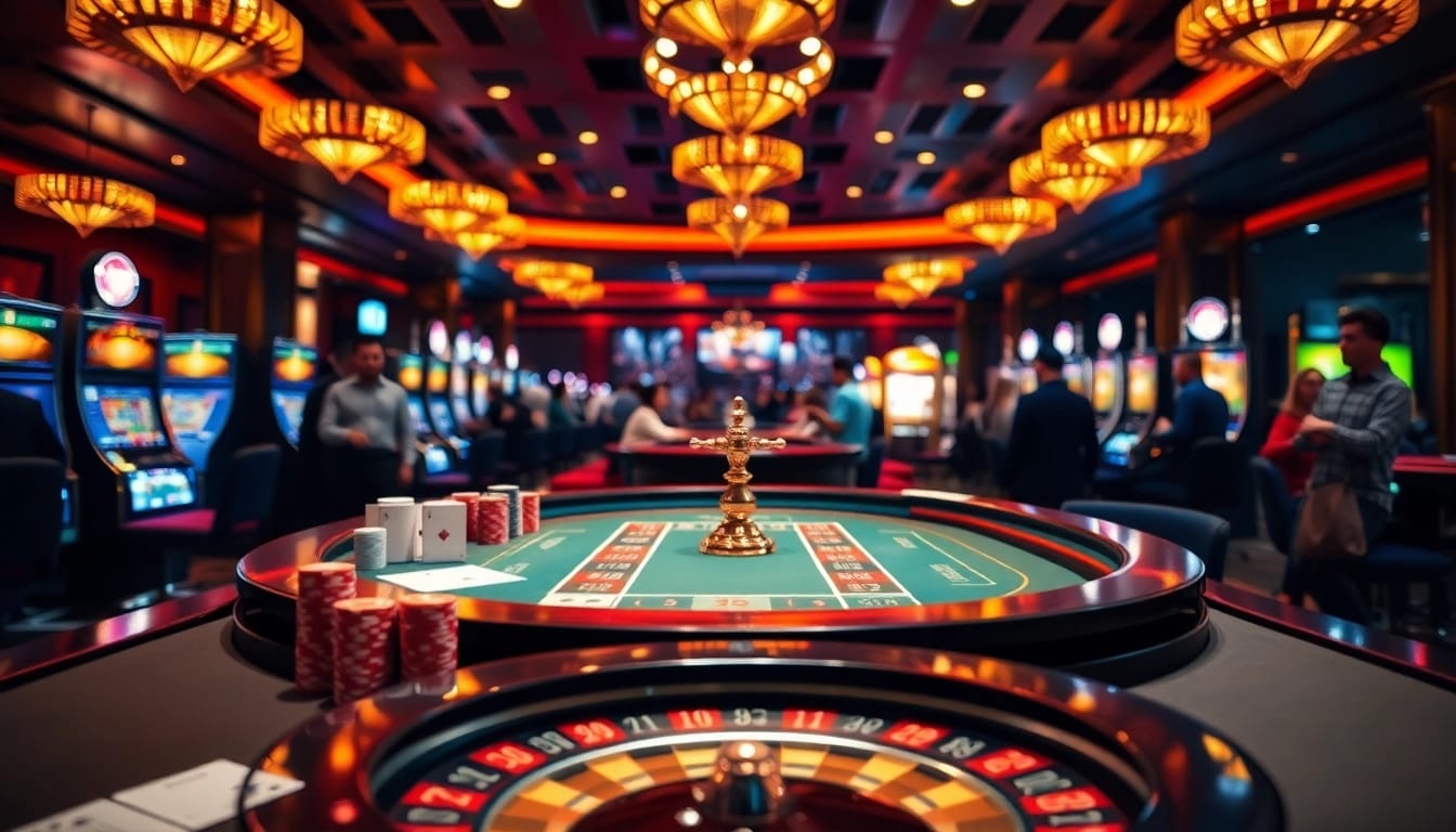 Kingfun gaming table amidst a glamorous casino environment showcasing chips and cards