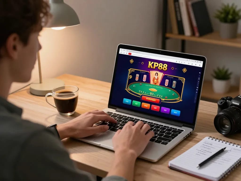 Explore online gaming strategies at KP88 with active gameplay displayed on a laptop.