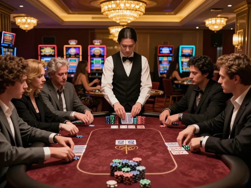 Players at HD88 poker table enjoy strategic gameplay in a luxurious casino.