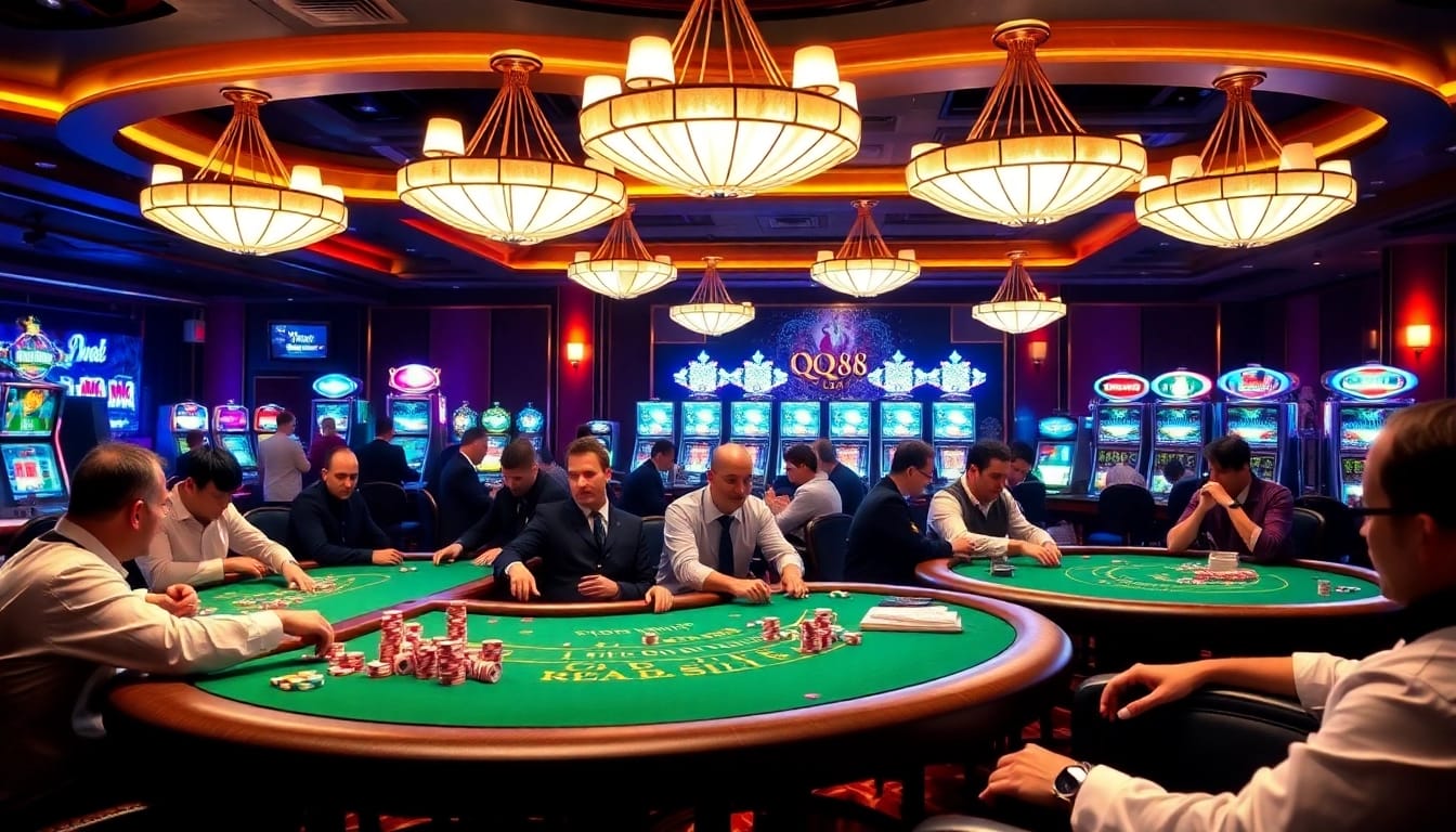 Players enjoying a lively game at the QQ88 casino table, with poker chips and dice prominently featured.