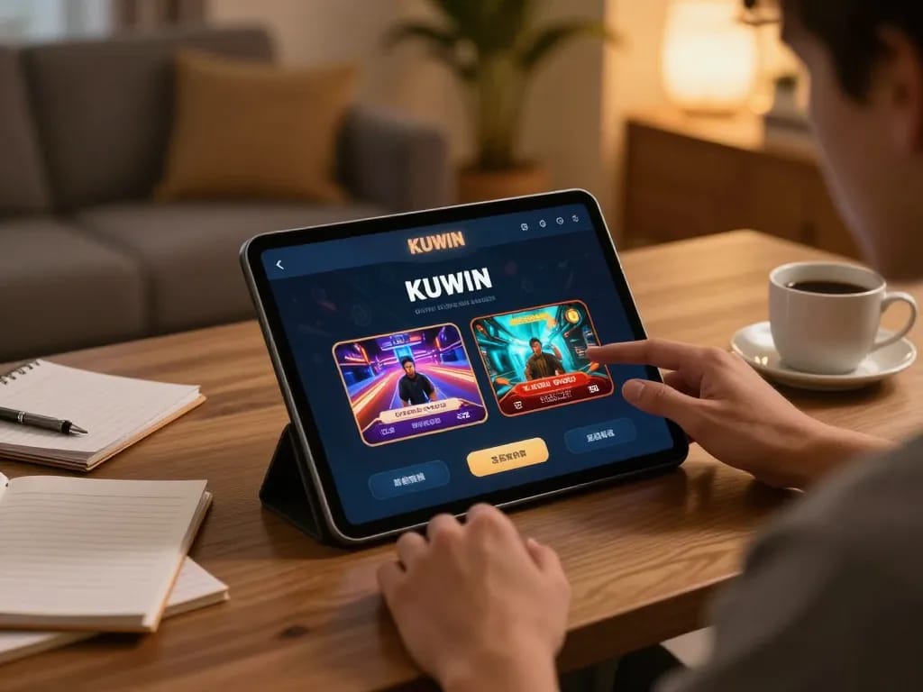 Experience the excitement of KUWIN gaming on a tablet in a cozy home setting
