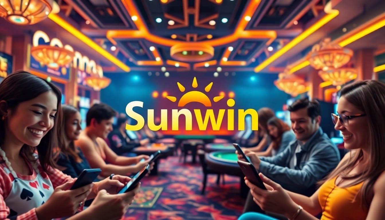 Sunwin gaming platform showcasing diverse games and happy players in a vibrant digital environment.