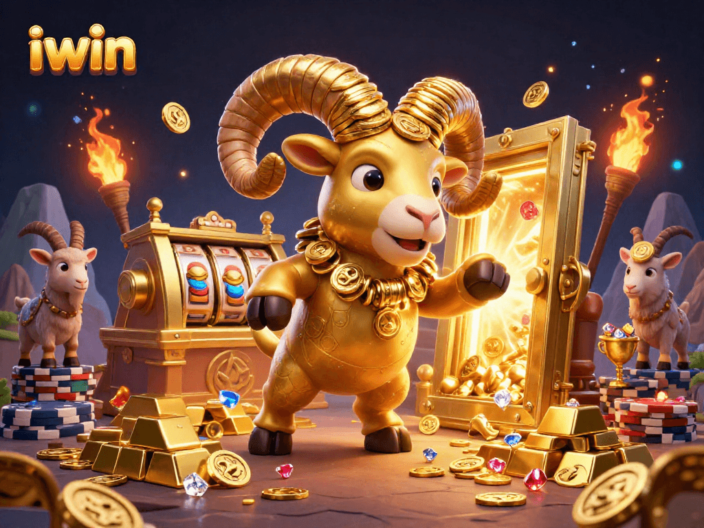 Spin the reels and win with iwin in an action-packed 3D casino scene filled with treasure.