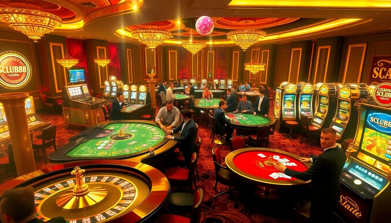 Gamblers enjoying thrilling games at an elegant casino table setting with SCLUB88 CO branding.